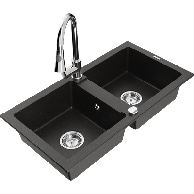 Mexen Mario гранитна мивка с 2 камери с кухненски смесител Elia, черно/златист металик - 6504-75-670101-00 (6504-75-670101-00)