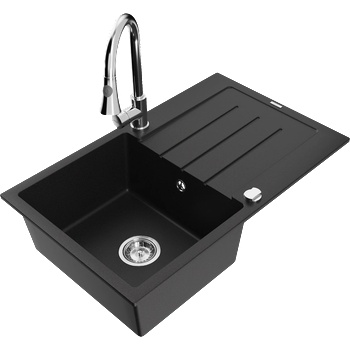 Mexen Bruno гранитна мивка с 1 корито и отцедник и кухненски смесител Elia, черен - 6513-77-670101-00 (6513-77-670101-00)