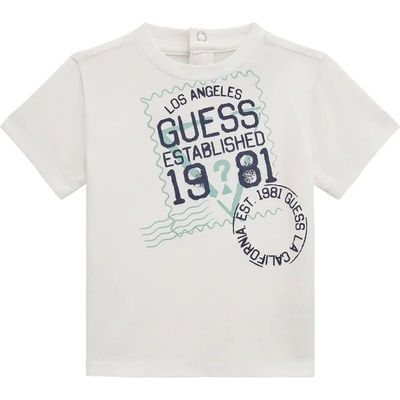 GUESS Бяла тениска с много надписи и ментово лого Guess за бебе момче с тик-так копчета на гърба
