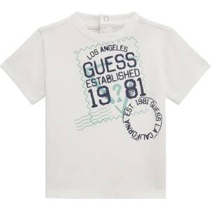 GUESS Бяла тениска с много надписи и ментово лого Guess за бебе момче с тик-так копчета на гърба
