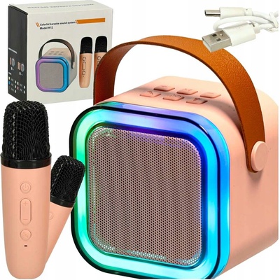 Karaoke set 2 mikrofony + přenosný BLUETOOTH reproduktor USB LED růžový