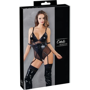 Cottelli Collection Bondage - лъскаво боди с белезници - черно