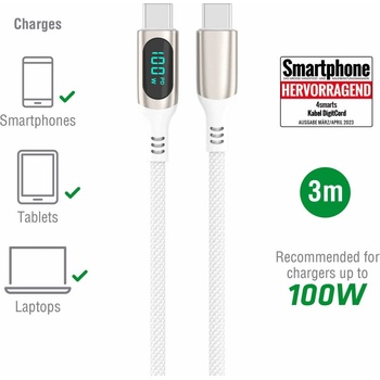 4smarts DigitCord USB-C to USB-C 100W Cable - здрав кабел с въжена оплетка и дисплей, за зареждане на устройства с USB-C порт (300 см) (бял)