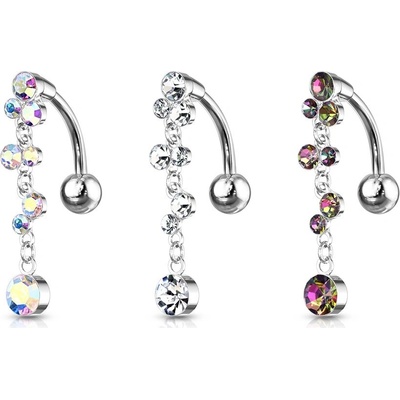 Šperky eshop obrácený piercing do břicha z oceli kaskádovité kulaté krystaly stříbro AB02.13 Duhová