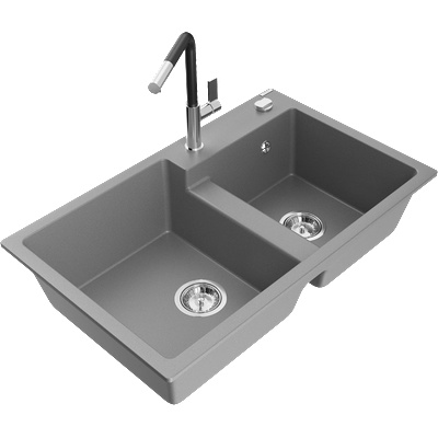 Mexen Tomas двоен гранитен мивка с кухненски смесител Flora, сив - 6516-71-670401-07 (6516-71-670401-07)