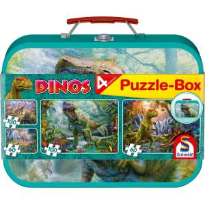 Schmidt Spiele - Puzzle 4v1 Doinosauri v plechovom kufríku - 100 piese