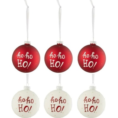 Set šesti červených skleněných a bílých vánočních ozdob J-Line Holly 8,5 cm