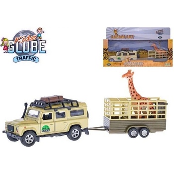 Kids Globe Traffic Land Rover Defender 14cm kov na zpětný chod s přívěsem 14cm a žirafou