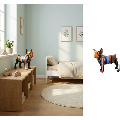 Pop art francouzský buldoček – barevná designová zvířecí socha – 32 cm