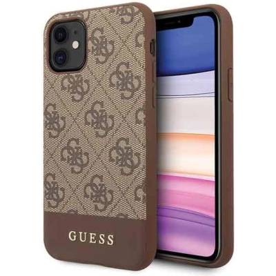 GUESS 4G Stripe Leather Hard Case - дизайнерски кожен кейс за iPhone 11 (кафяв)