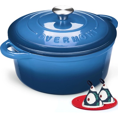 Overmont roasting pan enamel cast iron pot - casserole dish 24cm oven-safe - with lid and cookbook - for kitchen baking stewing roasting blue - Enamelled