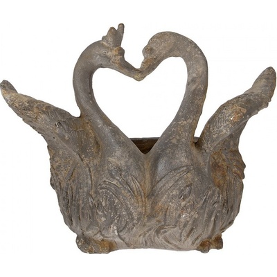 Clayre & Eef sivý antik kvetináč zamilovaných labutí Swan Baroque - 49x27x37 cm