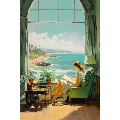 Plagát, Obraz - Reading Time in Paradise in the style of Edward Hopper, 26.7 × 40 cm