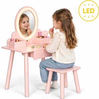 ECOTOYS Dětský toaletní stolek s LED zrcadlem, stoličkou a 6 doplňky