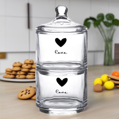 Clayre & Eef dvojitá skleněná dóza s víčkem a srdíčkem Love 21 cm