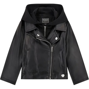 GUESS Кожено яке в черно за мини момиче с асиметричен цип и качулка Guess