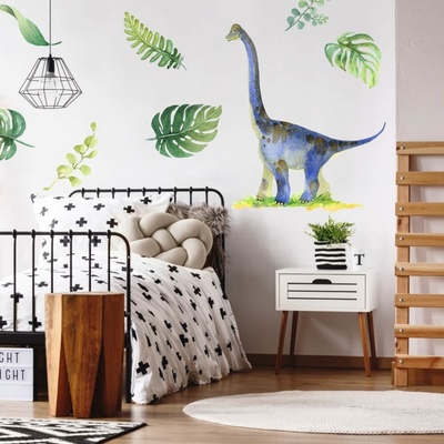 INSPIO Samolepka Dětské samolepky na zeď pro kluky - Brachiosaurus auta a dinosauři, akvarelové samolepky modrá, zelená, plnobarevný motiv rozměry 120x90