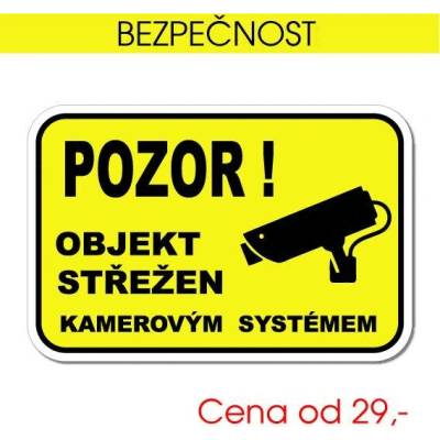 Bezpečnostní cedule Pozor – objekt střežen kamerovým systémem (žlutá) - PVC destička / 12x8 cm