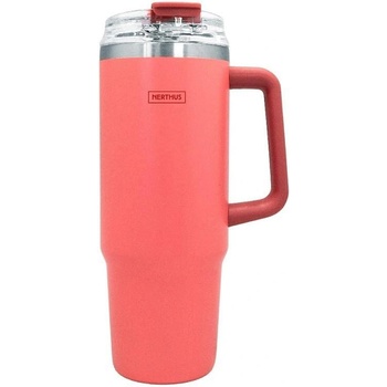 Nerthus (Испания) Двустенна термочаша Nerthus с дръжка и сламка в цвят корал - 900 мл (VB FIH 1438)