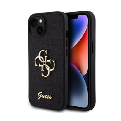 GUESS Предпазен калъф Cover Guess PU 4G Fixed Glitter Metal Logo за iPhone 15, Черен