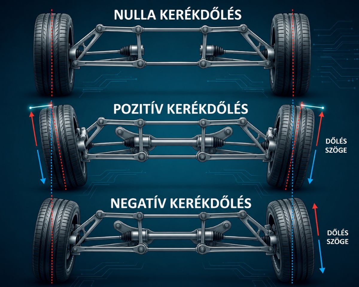 Alt text: A kerék dőlésszögeit (nulla, pozitív és negatív kerékdőlés) szemléltető ábra