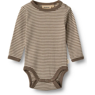 Merino body detské dlhý rukáv Lucca Wheat hnedé wood stripe