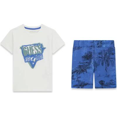 Guess Бяла тениска със синя щампа и сини къси панталони с палми за мини момче Guess