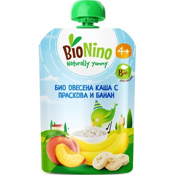 BioNino БИО плодова закуска с овесена каша, праскова и банан 4м+ 90 г