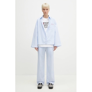 Fiorucci Памучна риза Fiorucci Striped Embroidered Drawstring Shirt дамска в синьо със свободна кройка с класическа яка W02SPTLO170CO01BL02 (W02SPTLO170CO01BL02)