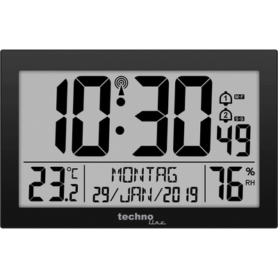 Technoline WS 8016 digital radio wall clock with DCF radio clock | Temperature & Humidity | 2 alarms | Calendar | large LCD display | Wall or table clock | black - WS8016SCHWARZ