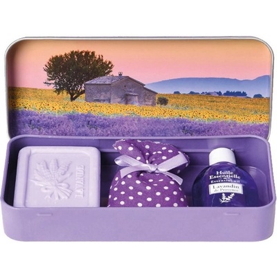 Esprit Provence Levandule toaletní mýdlo 60 g + vonný pytlík + krém na ruce 30 ml + plechová krabička s obrázkem západu slunce dárková sada