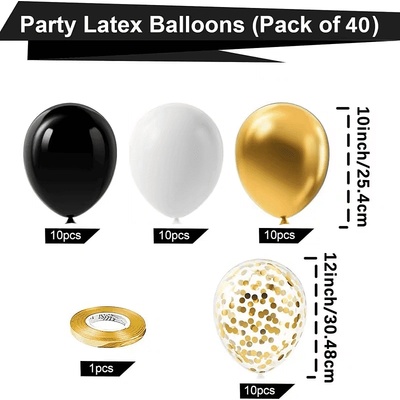 Комплект 40 броя балони 25 см. в бяло, черно, златисто и с конфети