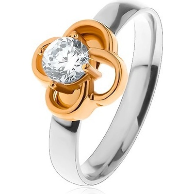 Šperky eshop ocelový prsten ve stříbrném odstínu kvítek zlaté s čirým zirkonem S22.19