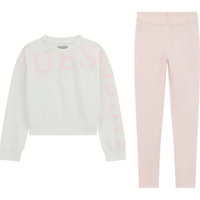 Guess Комплект блуза в бяло и спортен панталон в бледо розово за момиче с контрастен надпис Guess