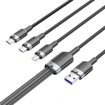 Vention USB-A 2.0/M - USB-C/Lightning/Micro USB-B, 1.5m, (black, 6A, 3in1), кабел