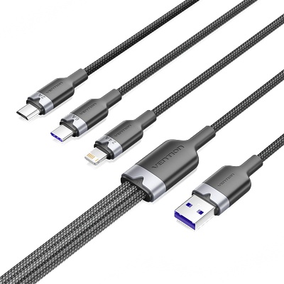 Vention USB-A 2.0/M - USB-C/Lightning/Micro USB-B, 1.5m, (black, 6A, 3in1), кабел