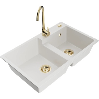 Mexen Tomas гранитна мивка с 2 камери с кухненски смесител Telma, бял (6516-20-670200-50)