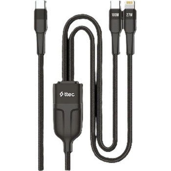 Ttec Data кабел ttec AlumiCable Duo USB-C - USB-C+Lightning 100W Fast Charge Cable, 150cm - Черен