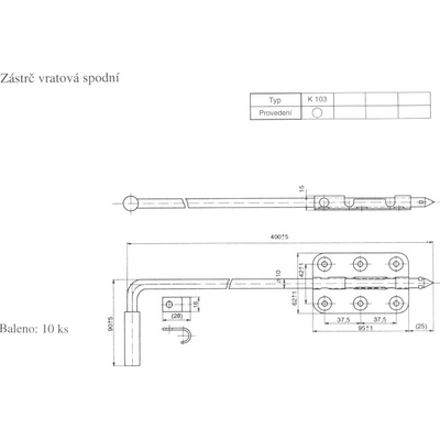 KOMAS Zástrč vratová spodná 400mm Zn K 103 (10ks)