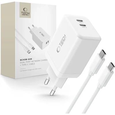 Tech-Protect NC45W-GAN 2-портово мрежово зарядно PD45W + Type-C кабел бял (5906302372409)