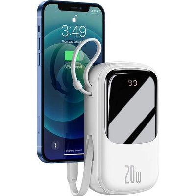 Baseus Qpow Digital Display Power bank with Lightning cable 20W (PPQD-H02) - външна батерия 20000 mAh с вграден Ligtning кабел и USB-C, USB-A и Lightning изходи (бял)