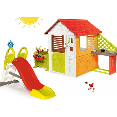 Smoby Set domeček Sluníčko Sunny s kuchyňkou a zahrádka se skluzavkou