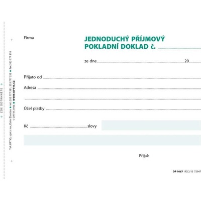Optys 1067 Jednoduchý příjmový pokladní doklad