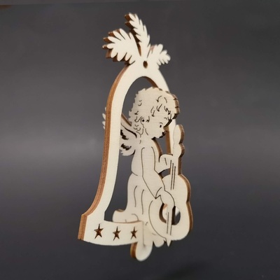 AMADEA Dřevěná ozdoba 3D zvonek anděl s basou 9 cm