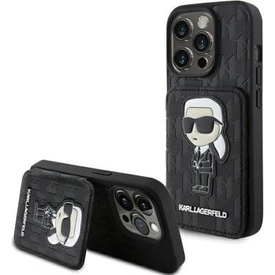 KARL LAGERFELD Кейс Karl Lagerfeld KLHCP15LSAKKNSCK за iPhone 15 Pro 6.1"", черен / черен, твърд, Saffiano Cardslots and Stand Monogram Ikonik Patch