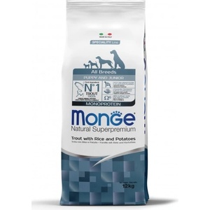 Monge Natural Superpremium All breeds Puppy and Junior Monoprotein Trout with Rice and Potatoes - пълноценна суха храна за подрастващи кученца от всички породи с пъстърва, ориз и картофи - 12 кг, Италия - 1
