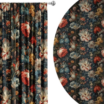 Soovi Home Zatemňovací záves Baroque Bloom – bohatý kvetinový vzor v teplých farbách na tmavom podklade Veľkosť: 145x270 na riasiaci pás
