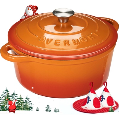 Overmont Casserole Cast Iron Pot 26cm - Enamel Roaster with Lid Oven Safe - with Cookbook - for Kitchen Baking Stewing Roasting Orange - OM-Enamel