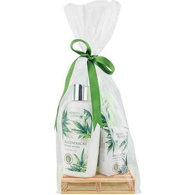 Bohemia Gifts & Cosmetics Cannabis Konopný olej tekuté mýdlo 300 ml + telové mlieko 250 ml + tuhé mýdlo 100 g dřevěná paleta darčeková sada