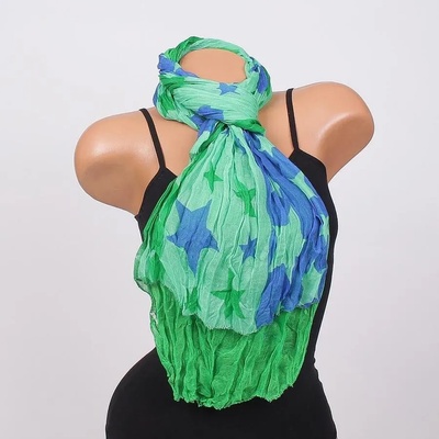 Ефирен дамски шал в зелено и синьо със звезди